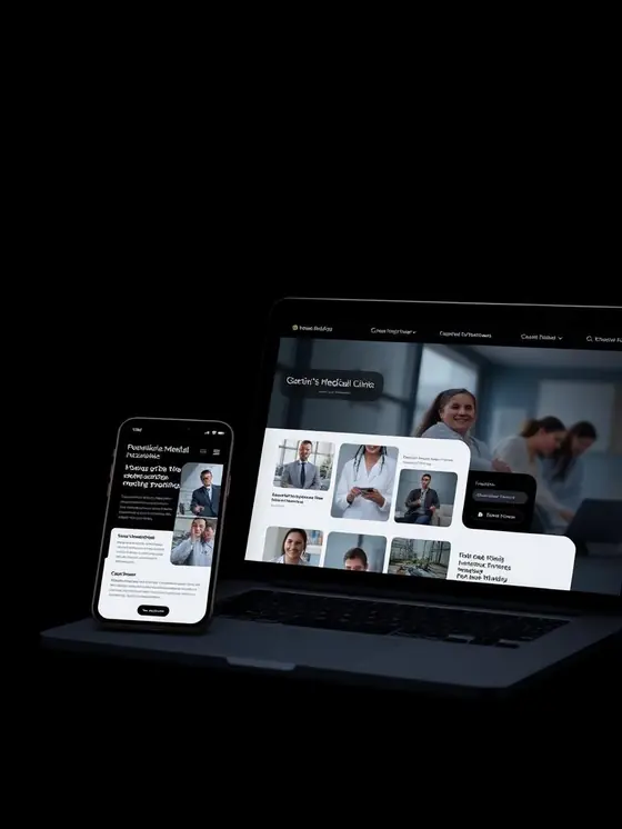 Site de clínica médica exibido em notebook e celular